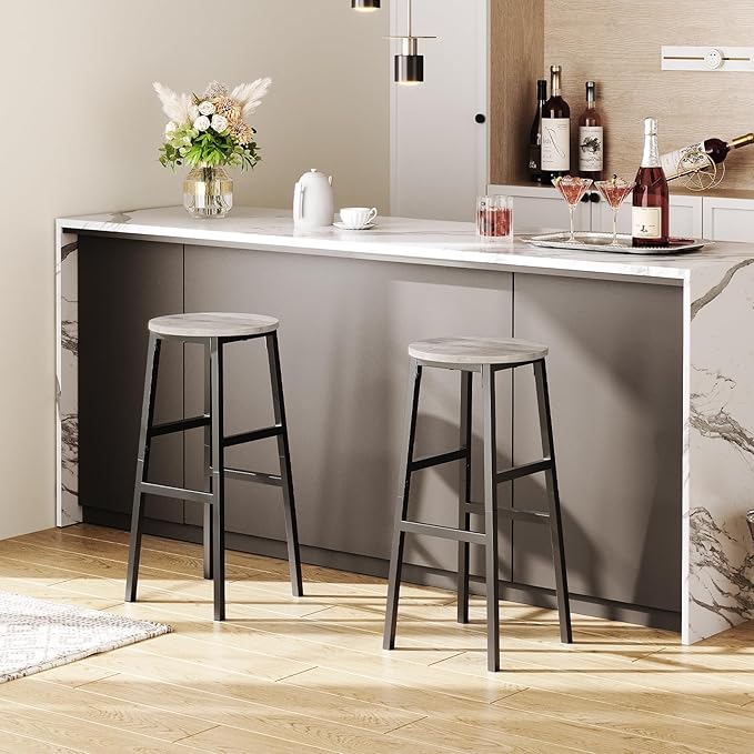 Bar Stools, Set of 2 Round Bar Chairs with Footrest, 28 Inch Kitchen Breakfast Bar Stools, Industrial Stools, Easy Assembly, for Dining Room, Kitchen, Greige BAHG02701