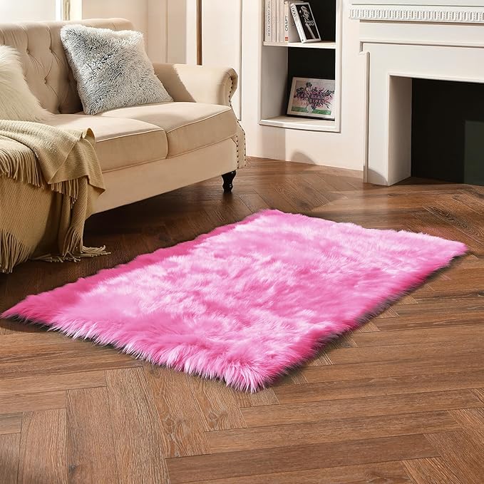 duduta Hot Pink Faux Fur Rug 3x5 ft, Fluffy Shag Rectangular Sheepskin Rug for Bedroom Nursery Living Room Dorm Washable