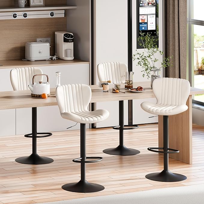 Shintenchi Bar Stools Set of 4 Modern Swivel Bar Chairs, Counter Height Faux Leather Metal Barstools, Upholstered Island Chairs with Back and Footrest, Beige