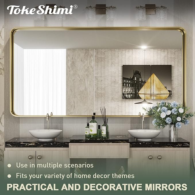 TokeShimi 60 x 30 Inch Brushed Gold Bathroom Vanity Mirror for Wall with Non-Rusting Aluminum Alloy Matte Metal Frame for Modern Farmhouse Home Decor (Horizontal/Vertical)