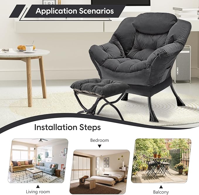 Lazy Chair with Folding Ottoman Modern Large Accent Chair,Contemporary Lounge Leisure Sofa Chair with Armrests Upholstered Sofa Armchair Reading Chair for Bedroom,Dorm & Office (Dark Grey-f)