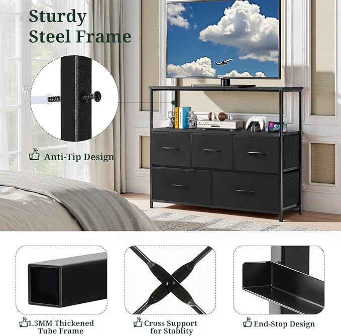 TV Stand, 5 Fabric Drawers Dresser Entertainment Center for TV up to 45 inch Wooden Media Console Table Storage Organizer with Open Shelf, for Living Room, Bedroom, or Small Space, Black