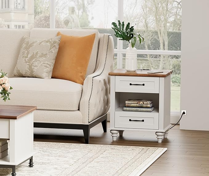 WAMPAT Set of 2 Nightstands with Charging Station & 2 Drawers, Mid Century Modern End Tables Side Table for Living Room, White Wooden Nightstand Bedside Table for Bedroom & Dorm