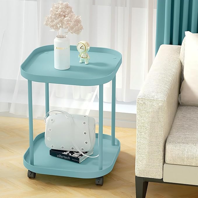 Side Table with Wheels, End Table Living Room Plastic Mobile Sofa Side Table Small Night Stand Bedroom Blue