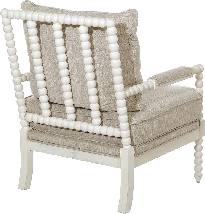 OSP Home Furnishings Kaylee Spindle Accent Chair with Antique White Wood Frame, Beige Linen Fabric