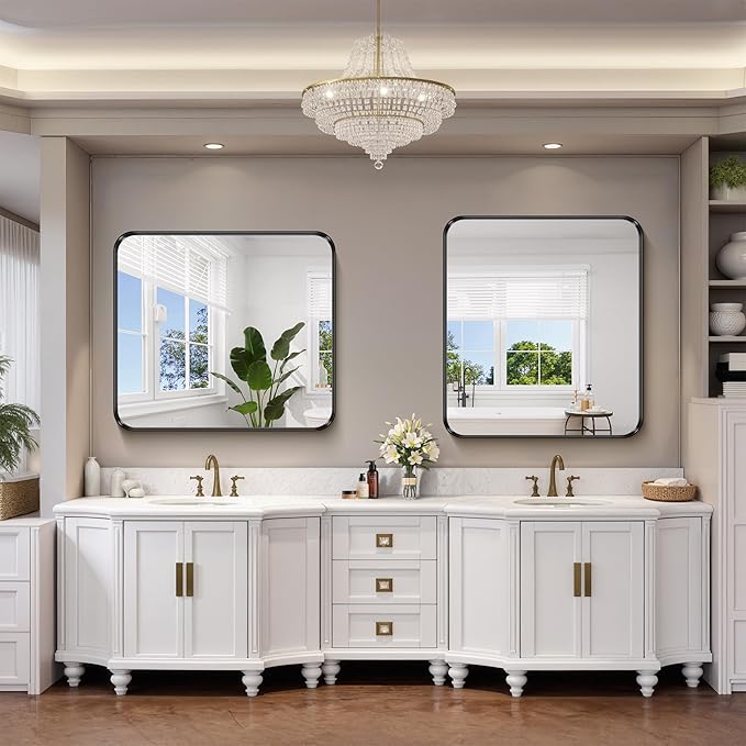 FORBATH 36x40 Inch Bathroom Mirror, Brushed Black Deep Frame Wall Mirror with Rounded Corners, Anti-Rust Tempered Glass for Modern Farmhouse Vanity (Horizontal/Vertical)