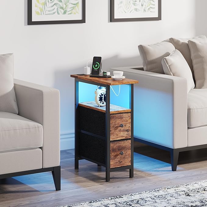 End Table Set 2 with Charging Station, Narrow Side Table with 2 Fabric Drawers, Skinny Nightstand with LED Light, Slim Bedside Table for Bedroom, Living Room, Small Spaces, Rustic Brown