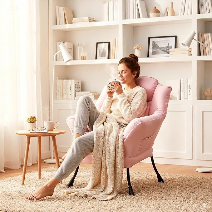 Lazy Chair with Pillow for Living Room, Modern Lounge Accent Chair with Armrests and a Throw Pillow, Leisure Sofa Chair Set, Reading Chair for Bedroom, Dorm Room, Office, Pink
