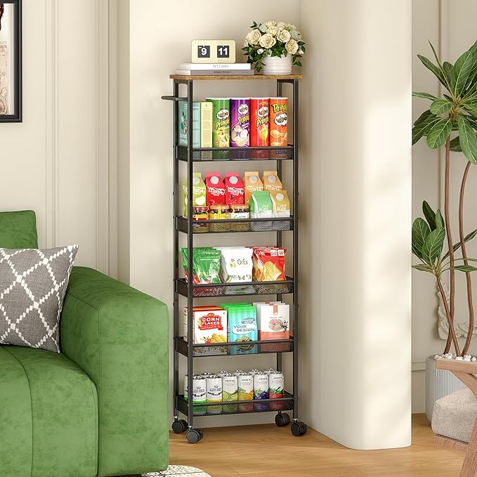 6 Tier Slim Storage Cart with Handle, Rolling Kitchen Laundry Room Storage Cart with Wooden Top, Narrow Metal Bathroom Trolley on Wheels for Small Space, Mobile Shelving Unit, 7.9in(W)