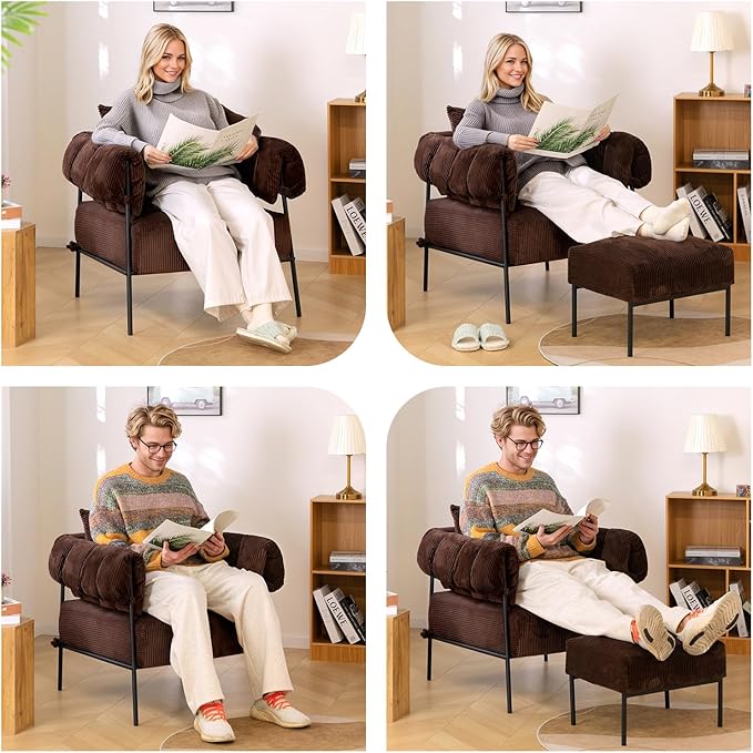HollyHOME Modern Velvet Accent Chair, Upholstered Comfy Reading Chair, Fabric Large Lazy Arm Chair with Soft Cushion, Metal Frame Lounge Sofa Chair for Living Room, Bedroom, Balcony, Coffee