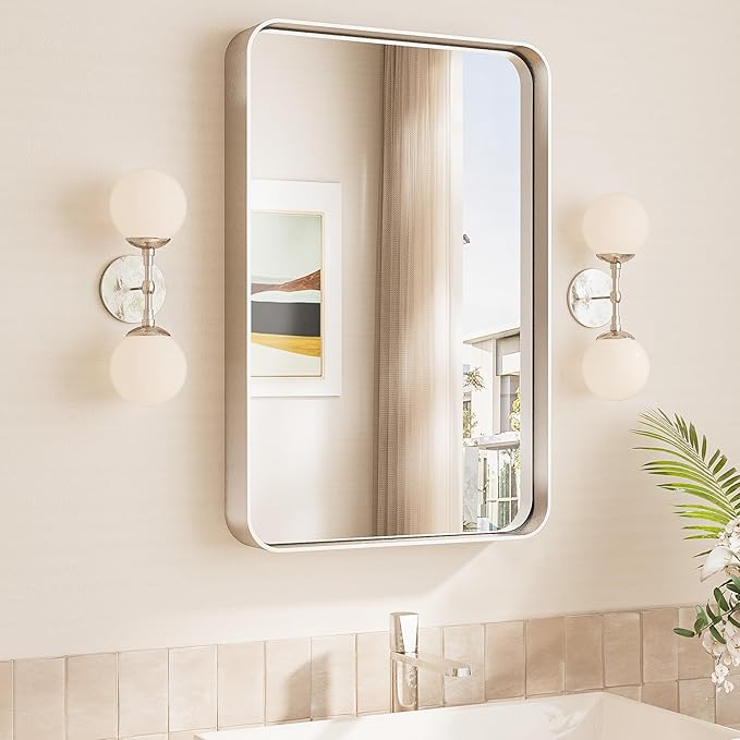 TokeShimi 16x24 Brushed Nickel Bathroom Wall Mirror Vanity Metal Frame Round Corner Rectangular for Home Decor Living Room Entryway (Horizontal/Vertical)