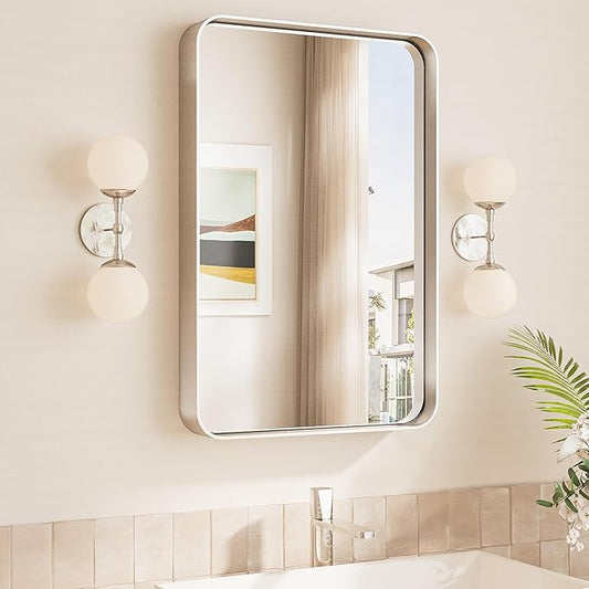 TokeShimi 16x24 Brushed Nickel Bathroom Wall Mirror Vanity Metal Frame Round Corner Rectangular for Home Decor Living Room Entryway (Horizontal/Vertical)