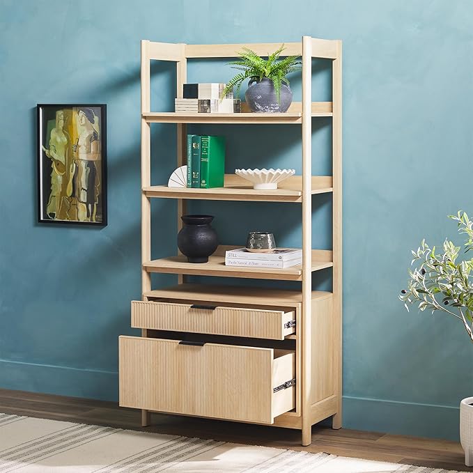 Walker Edison Transitional Open Reeded 4-Shelf Bookshelf with Drawers Versatile Bookcase with Bottom Storage for Home Office, Living Room, Bedroom, 33 Inch, Coastal Oak