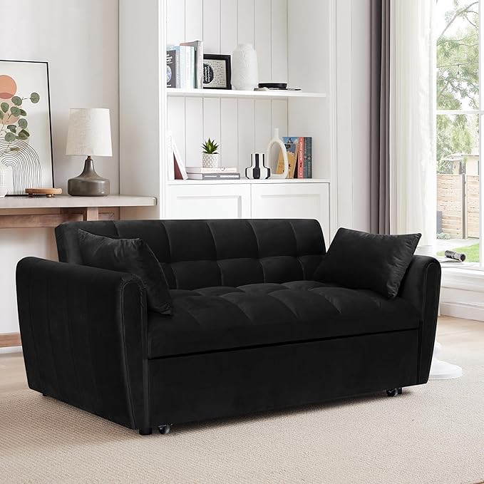 Ball & Cast 65" 3 in 1 Large Sleeper Sofa Bed,Velvet Upholstered Pull Out Couch with Adjustable Backrest&2 Pillows,Convertible Futon Sofa-Bed W/Side Pocket,Loveseat Chaise Lounge for Living Room,Black