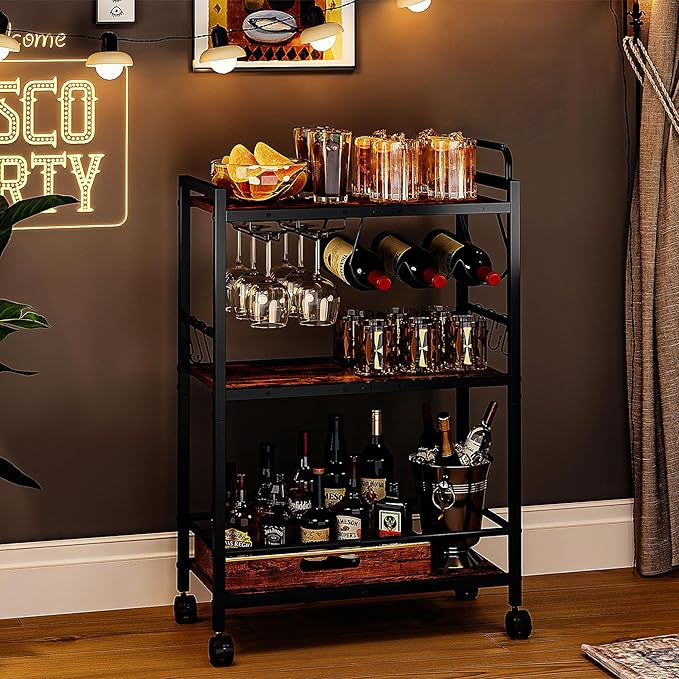 Home Bar Serving Cart, Serving Cart with Wheels and Handle, 3 Tier Rolling Kitchen Cart, Microwave Cart, Beverage Cart with Wine Holder and Glass Holders, for Dinning Room, Living Room, Black