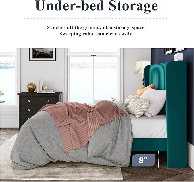Allewie Queen Size Bed Frame/Velvet Upholstered Platform Bed/Vertical Channel Tufted Wingback Headboard/Strong Wooden Slats/No Box Spring Needed/Easy Assembly/Teal