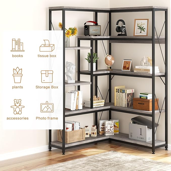 Shintenchi 5 Tiers Corner Bookshelf, 70.86" Tall L-Shaped Bookcase, Large Corner Etagere Bookcase, Corner Shelf Display Storage Rack with Metal Frame for Living Room Home Office, Grey