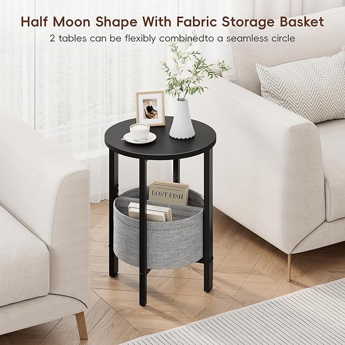 Vagusicc Small Round Side Table End Table, Tall Accent Table with Storage Basket, Set of 2 Half Round Tables Half Moon Tables, Coffee Bedside Tables, Modern Nightstand for Living Room Bedroom, Black