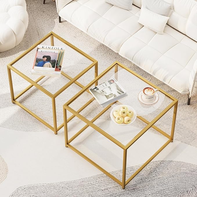 Garden 4 you Coffee Table Set of 2, Modern Glass Nesting Table, Metal Frame Square Center Table Set, Side Tables, Nesting Coffee Table for Living Room, Bedroom and Small Spaces, 23.6in Gold