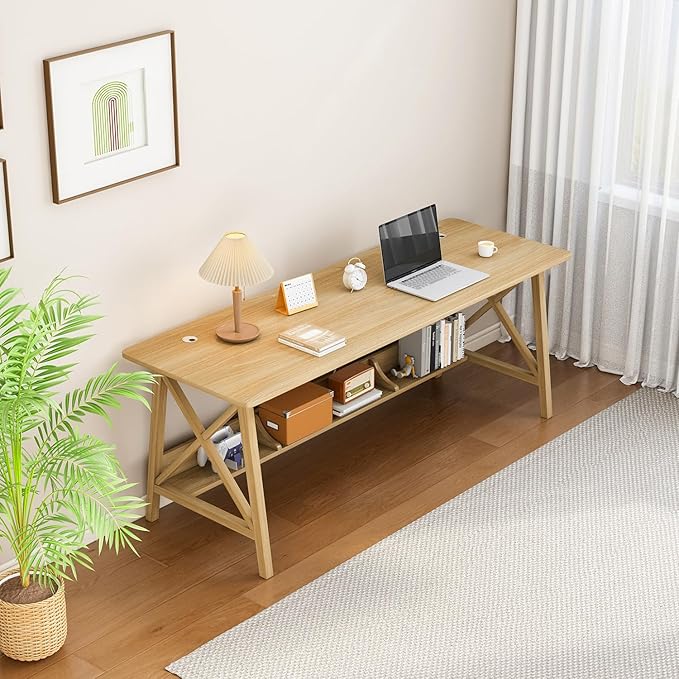 Extra Long Desk with Bookshelf - Wooden Home Office Work Study Table, Writing Computer Workstation with Storage Shelf in Oak, 47" Wx16 Dx30 H