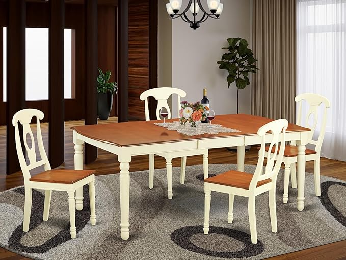 East West Furniture DOKE5-WHI-W 5 Piece Dining Room Furniture Set Includes a Rectangle Kitchen Table with Butterfly Leaf and 4 Dining Chairs, 42x78 Inch, Buttermilk & Cherry