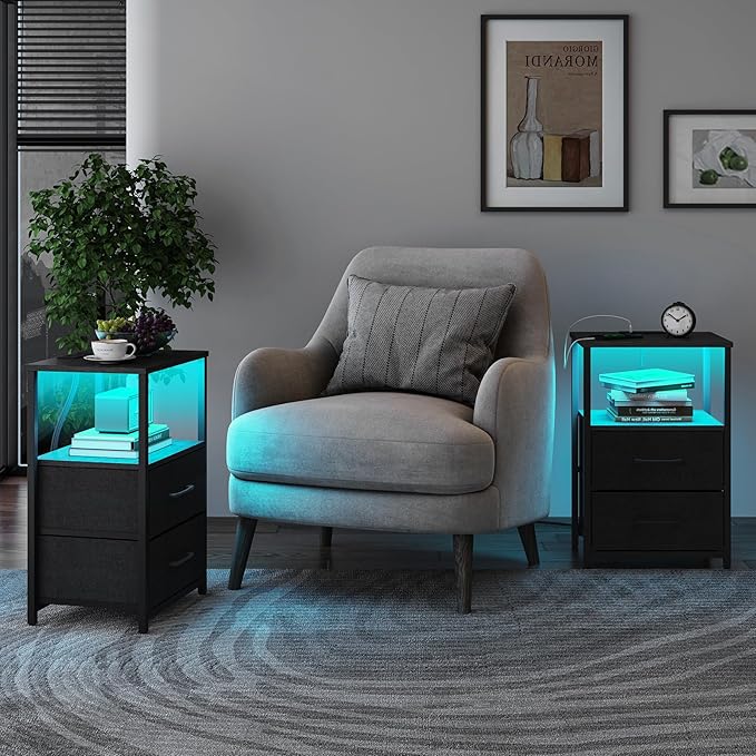 TUTOTAK LED End Table with Charging Station, Nightstand with Cloth Drawer, Side Table with 1 USB Port and 1 Type-C Port, Set of 2, Couch Table, Black TB01BK052L