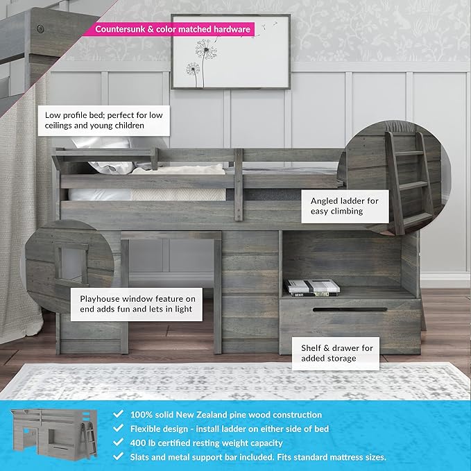 Max & Lily Loft Bed Twin Size, Solid Wood Low Loft Bed with Storage Drawer and Ladder, Modern Farmhouse Loft Bed for Kids, Driftwood