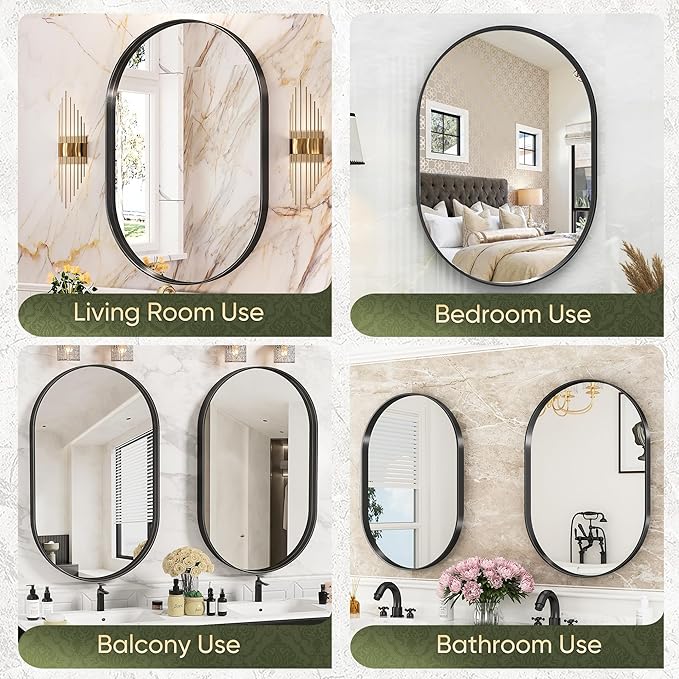 Suidia 26" x 38" Bathroom Mirror, Bathroom Vanity Mirror Metal Framed, Wall-Mounted Mirrors for Bedroom, Living Room, Entryway, Hallway, Black, Oval Style