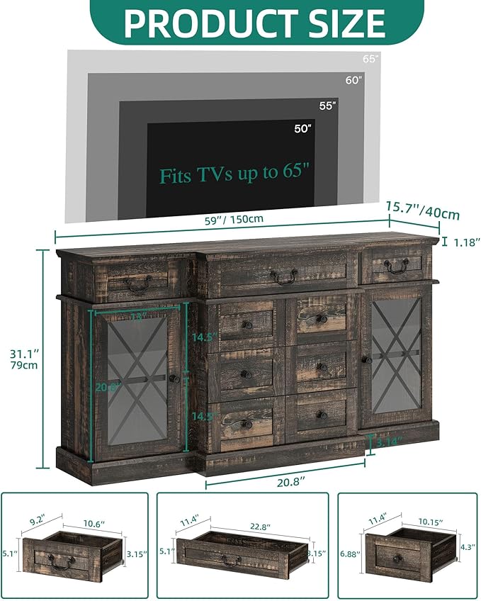YITAHOME Television Stand for 65/55 Inch TV, Farmhouse TV Stand with 9 Drawers, Adjustable Shelves and Tempered Glass Doors, Entertainment Center TV Media Console for Living Room, Dark Rustic Oak