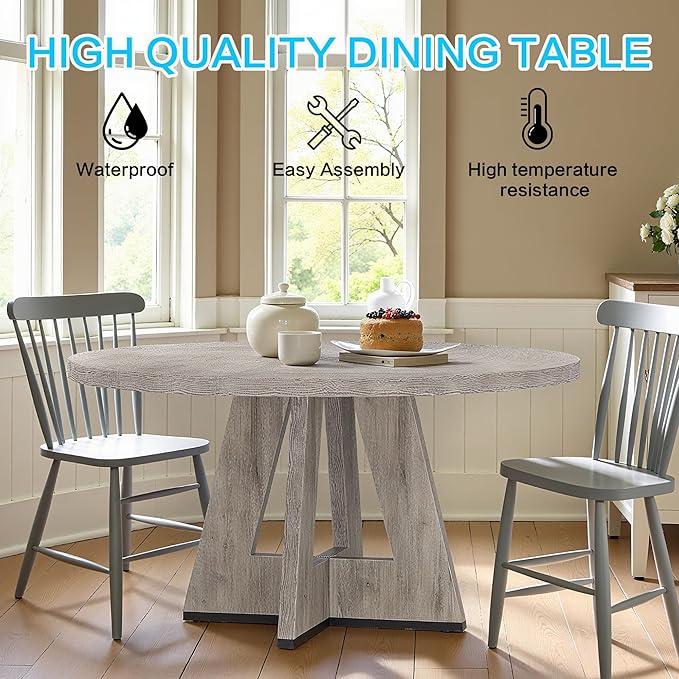 47" Round Dining Table for 4-6, Modern Dinner Table Farmhouse Round Small Kitchen Tables with Wooden Cross Base for Dining Room, Kitchen, Living Room, Gray