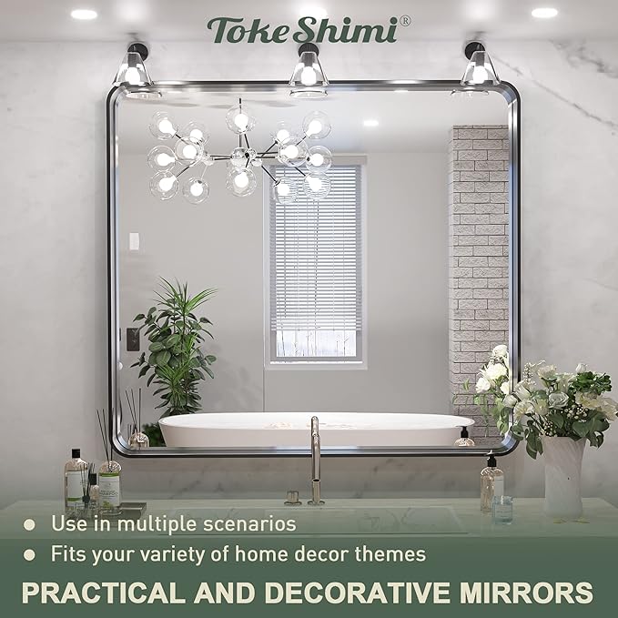 TokeShimi 36 x 36 Inch Wall Mirror Black Bathroom Vanity Mirror with Metal Frame Aluminum Alloy Soft Rounded Corner for Modern Farmhouse Wall Decor 1”Deep Set Design (Horizontal/Vertical)