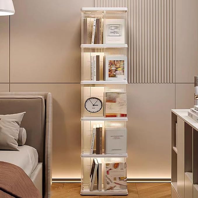Rotating Bookshelf Tower,360° Rotating Bookshelf,66 inch High Small Space Revolving Bookcase, Suitable for Spinning Bookshelf Tower in Home and Office (White, 5 Tier, 14x14x66)