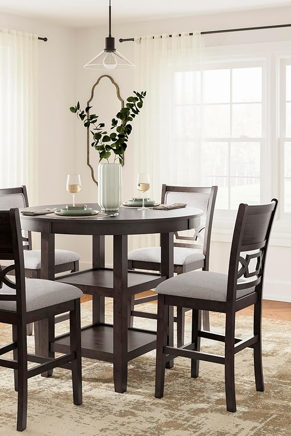 Signature Design by Ashley Langwest Transitional Diamond Patterned Counter Height Dining Table and 4 Upholstered Bar Stools, Set of 5, Dark Brown & Beige