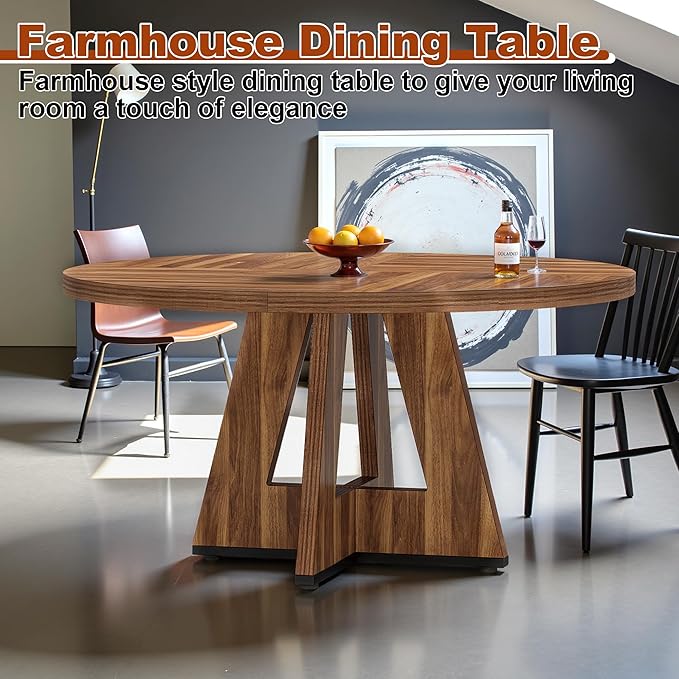 Round Dining Table for 4, 47 Inch Dinner Table Farmhouse Wooden Circle Kitchen Tables with Cross Base for Dining Room, Kitchen, Living Room, Vintage Brown