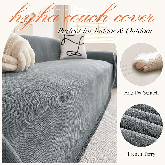 hyha Couch Cover for Dogs, Boho Sofa Covers for 3 Cushion Couch Washable, Chenille Sofa Slipcover for Pets, Soft Loveseat Sectional Couch Throw Blankets with Tassels (Grey, 71x118 Inch)