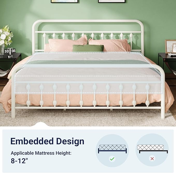 Allewie 14 Inches King Size Metal Platform Bed Frame with Victorian Style Iron-Art Headboard/Footboard, Mattress Foundation, Easy Assembly, Under Bed Storage, No Box Spring Required, White