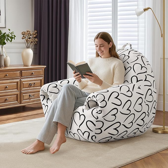 DAICO Bean Bag Chairs for Adults, Comfy Bean Bag Sofa Chair with Handle, Single Lazy Floor Sofas Accent Chair with Foam Bean Bag Couch for Living Room Bedroom Reading Gaming, White Cordate
