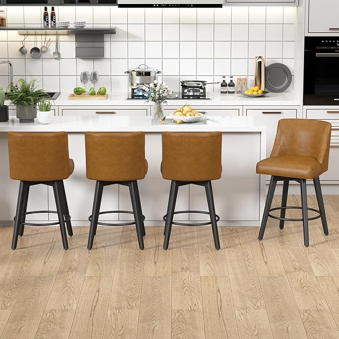Counter Height Swivel Bar Stools Set of 2, 26 Inch Bar Stools with Footrest, Faux Leather Upholstered Barstools with Back and Solid Wood Legs for Kitchen Island, Dining Room,Pub,Brown