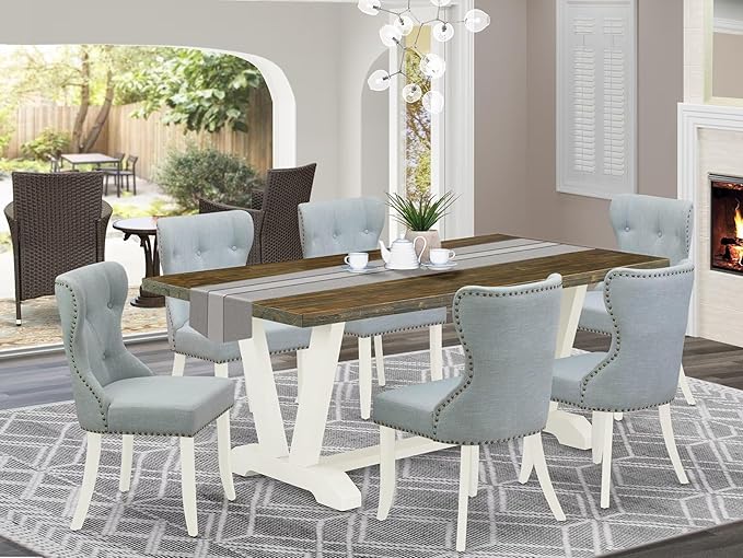 East West Furniture V077SI215-7 7 Piece Dining Room Furniture Set Consist of a Rectangle Dining Table with V-Legs and 6 Baby Blue Linen Fabric Parsons Chairs, 40x72 Inch, Multi-Color