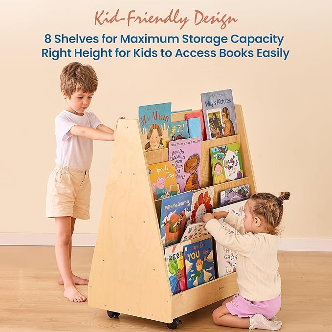 Kids Bookshelf for Toddlers and Babies, Double-Sided Wooden Montessori Bookshelf for Kids Room, Baby Book Shelf with Storage for Nursery, Classroom, Playroom