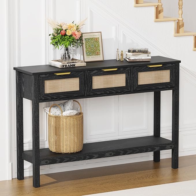 Entryway Table, Boho Console Table with 3 Storage Drawers and Storage Shelf, Sofa Table with Socket, for Entryway, Living Room, Behind Couch and Hallway (Black)