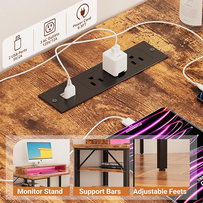 Unikito L Shaped Computer Desk with Magic Power Outlets and Smart LED Light, Sturdy Reversible Corner Desk with Monitor Stand & Storage Shelves, Home Office Work Desk, Easy to Assemble, Rustic
