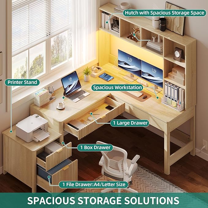 YITAHOME L Shaped Desk with Hutch and Drawers, 67" Computer Desk Gaming Desk with Power Outlets & LED Lights, Wood Home Office Desk with Printer Stand, Fluted Sturdy Writing Workstation, Natural Oak