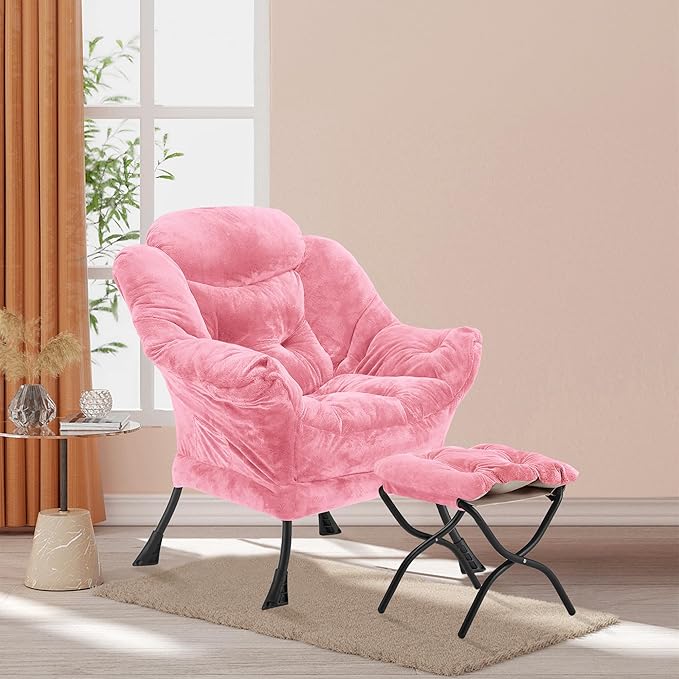 Lazy Chair with Folding Ottoman, Accent Chair Plush Upholstered with Metal Structure and Non-Slip Pads, Sofa Armchair with Footrest and Side Storage Bag for Dorm, Room, Office, Pink