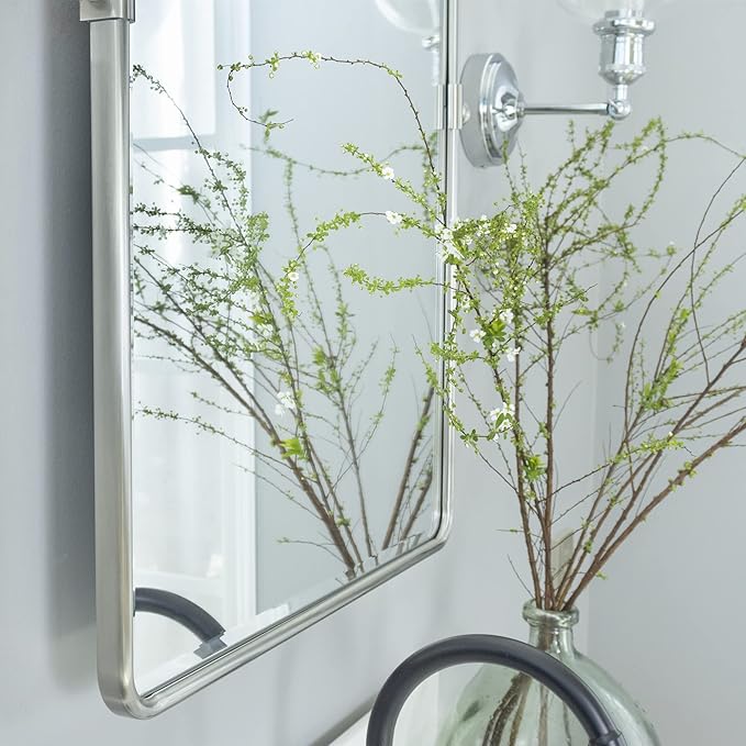 TEHOME 20x30'' Brushed Nickel Pivot Mirror Rectangle Bathroom Vanity Mirror Brushed Silver Rounded Corner Metal Framed Tilting Beveled Vanity Wall Mirrors