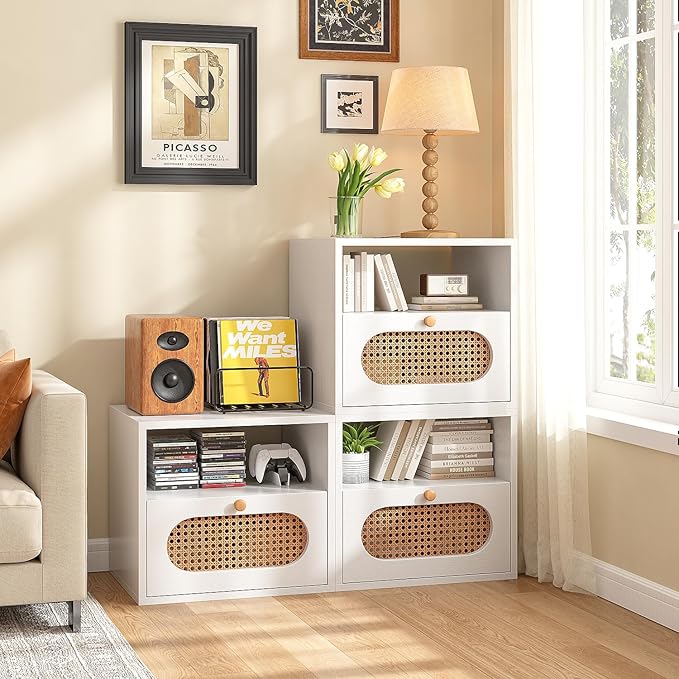 3-in-1 Modular TV Stand with Rattan Doors, DIY Media Console Boho Entertainment Center Modern TV Cabinet with Open Shelves,White