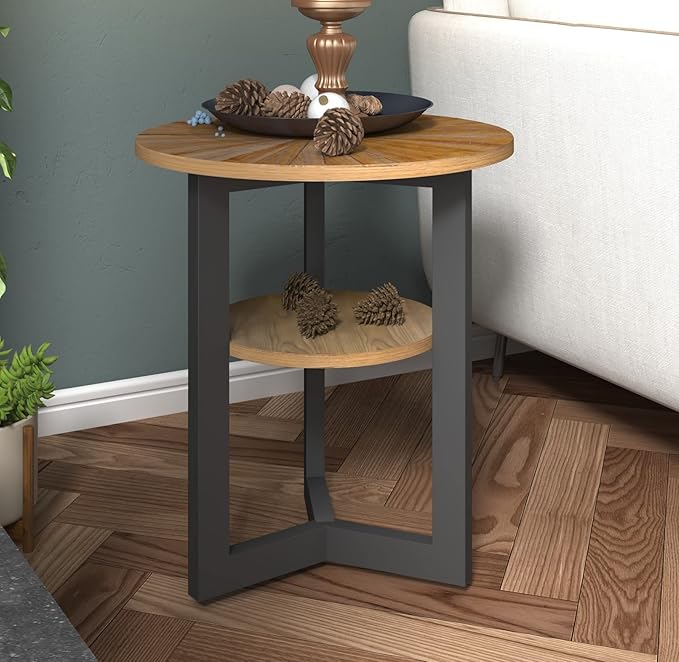 MODERION Round End Table with Storage - Solid Wood & Metal Frame - Corner & Beside Table - Easy Assembly - Living Room, Office & Entryway - Rustic Natural Finish
