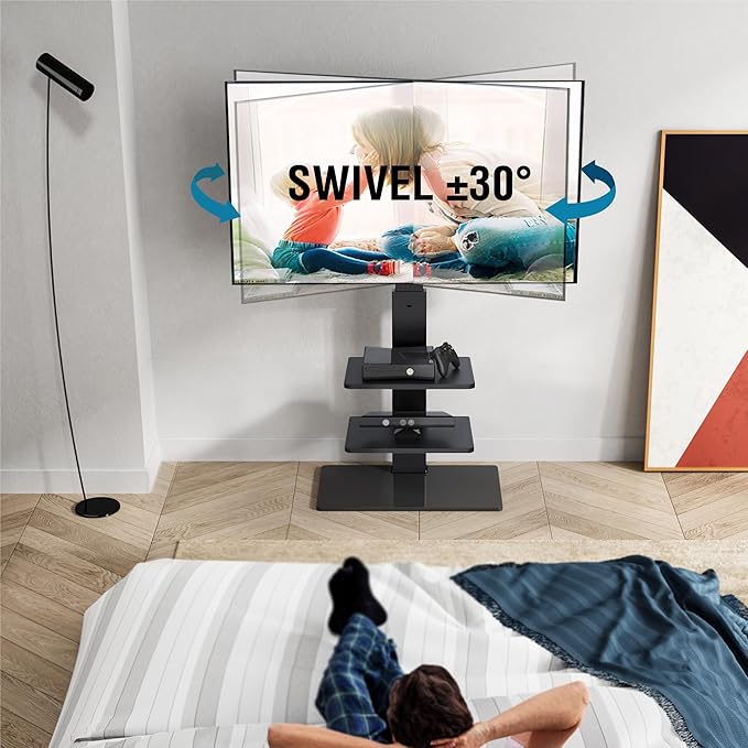 FITUEYES Swivel Floor TV Stand with Mount for TVs 37 43 50 55 60 65 70 75 Inch LCD LED Flat/Curved Screens Universal Swivel Televisions TV Mount Stand for Bedroom Living Room Black Tempered Glass Base