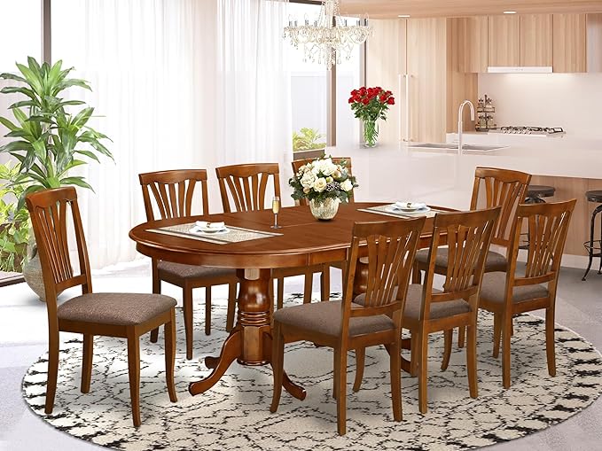 East West Furniture PLAV9-SBR-C 9 Piece Dining Table Set Includes an Oval Dining Room Table with Butterfly Leaf and 8 Linen Fabric Upholstered Chairs, 42x78 Inch, Saddle Brown
