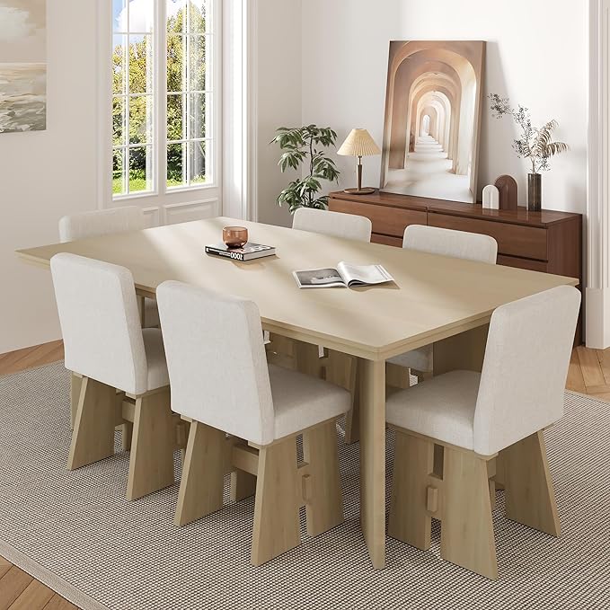 Ball & Cast Modern 7-Piece Dining Table Set with 6 Upholstered Chairs,Wood Tables Sets w/Space-Saving Design,Kitchen Furniture Suitable Big Family Gatherings,Natural
